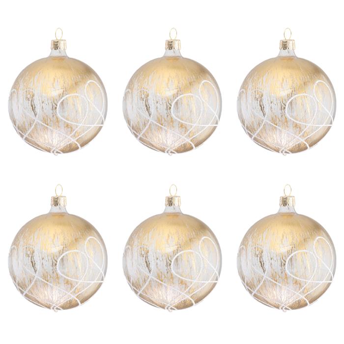 Skleněné vánoční ozdoby bílozlatá sada - Zlaté koule s bílou spirálou, 6 ks