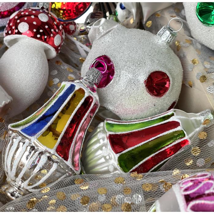 Skleněné vánoční ozdoby Retro - Koule se srdíčky a lampiony, 6 ks