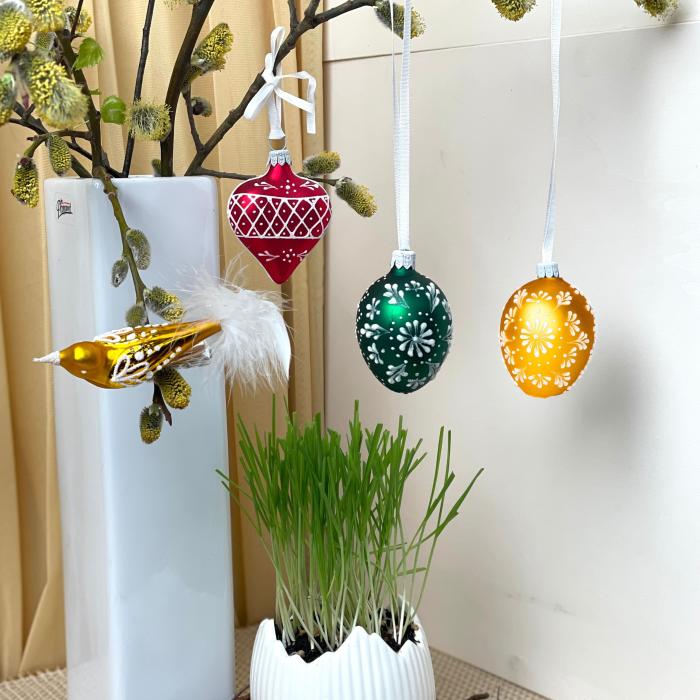 Skleněná ozdoba Velikonoční vajíčka folklórní klasika 2 zelená, 1 ks