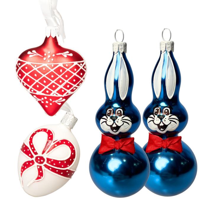 Skleněné ozdoby - Jarní komplet Modří zajíčci s červenou mašlí a srdíčkem, 4 ks