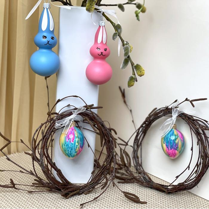 Skleněné ozdoby - Jarní komplet Zajíčci s duhovými vajíčky, 4 ks