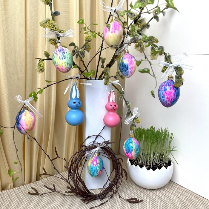 Skleněné ozdoby - Jarní komplet Zajíčci s duhovými vajíčky, 4 ks