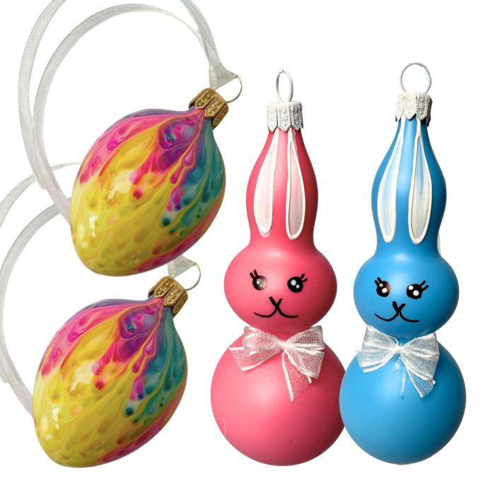 Skleněné ozdoby - Jarní komplet Zajíčci s duhovými vajíčky, 4 ks