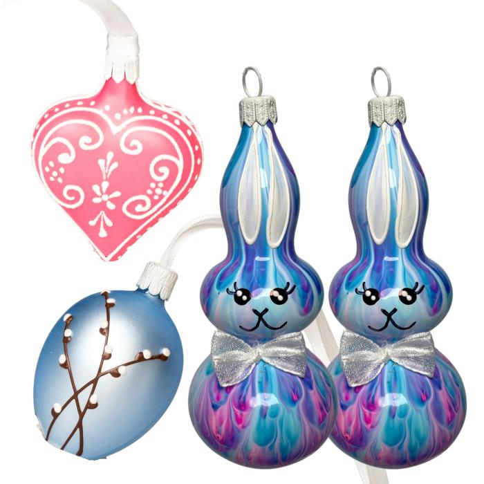Skleněné ozdoby - Jarní komplet Kahuri zajíčci se srdíčkem a kočičkami, 4 ks