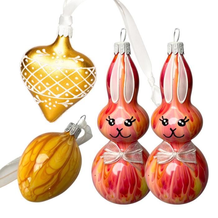 Skleněné ozdoby - Jarní komplet Kahuri zajíčci se srdíčkem a veselou kraslicí, 4 ks