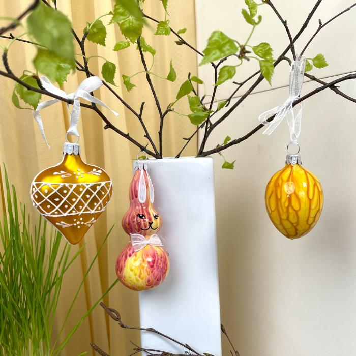 Skleněné ozdoby - Jarní komplet Kahuri zajíčci se srdíčkem a veselou kraslicí, 4 ks