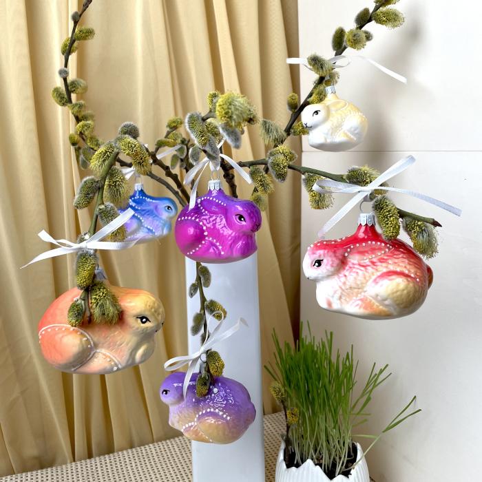 Skleněné ozdoby - Jarní komplet Zajíčci buclatí, 6 ks