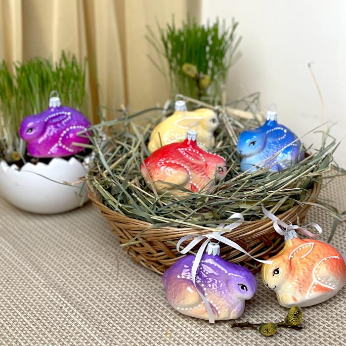 Skleněné ozdoby - Jarní komplet Zajíčci buclatí, 6 ks