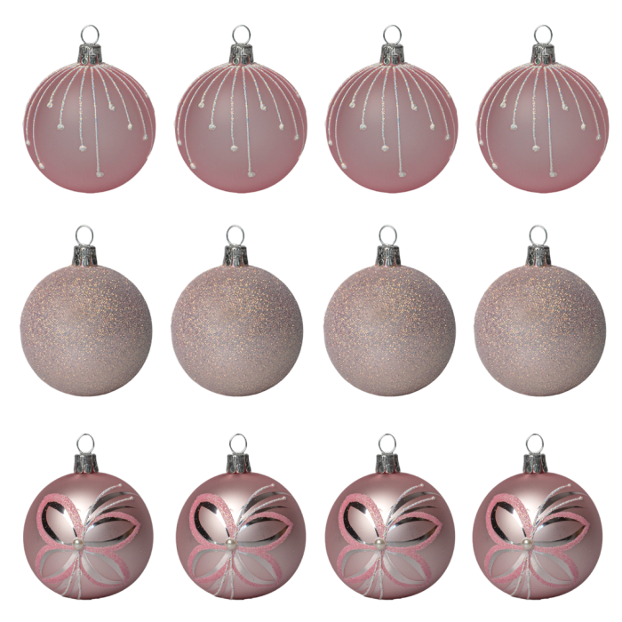 Skleněné vánoční ozdoby basic Pinky - Pinky třpyt, 12 ks