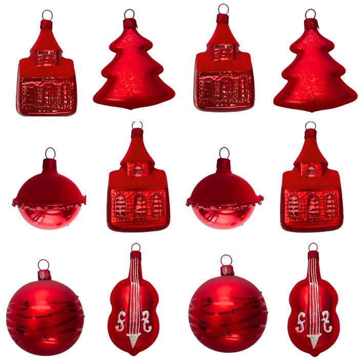 Skleněné vánoční ozdoby basic Red - Red kostelíky, 12 ks