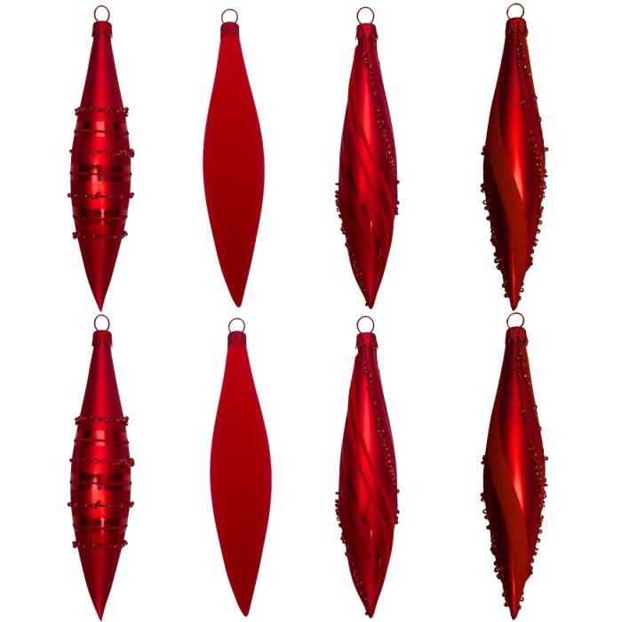 Skleněné vánoční ozdoby basic Red - Red rakety, 8 ks