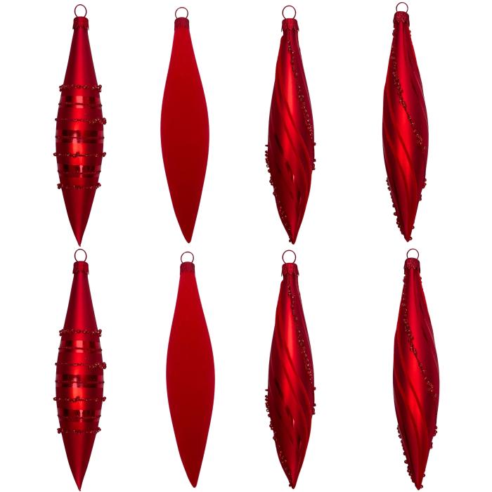 Skleněné vánoční ozdoby basic Red - Red rakety, 8 ks