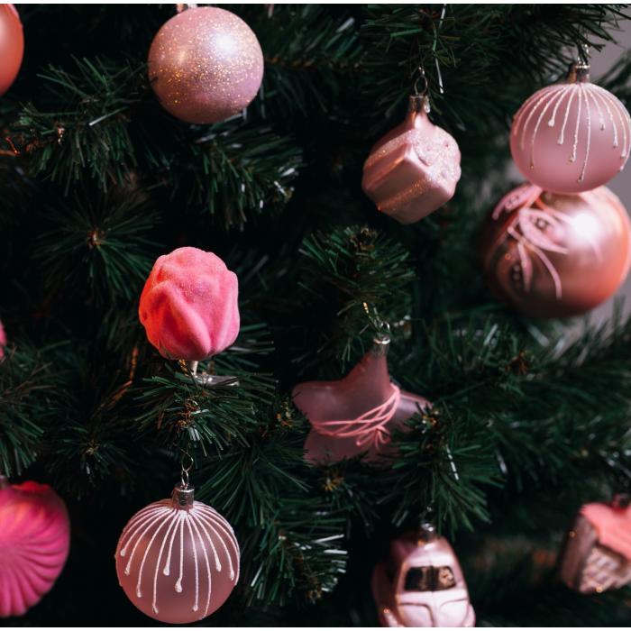 Skleněné vánoční ozdoby basic Pinky - Pinky set s flokováním, 4 ks