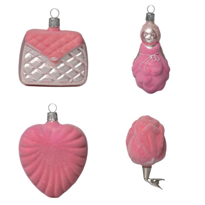 Skleněné vánoční ozdoby basic Pinky - Pinky set s flokováním, 4 ks