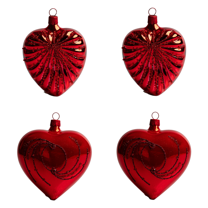 Skleněné vánoční ozdoby basic Red - Red srdce, 4 ks