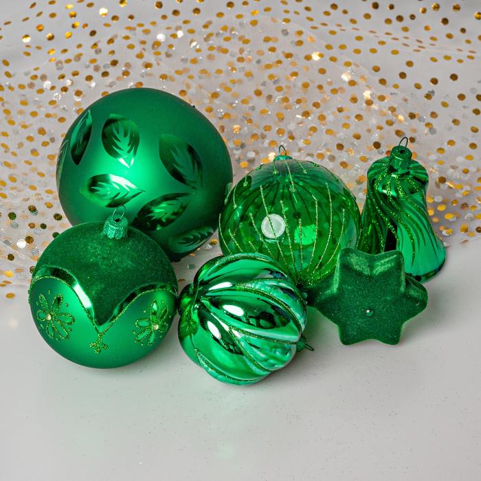 Skleněné vánoční ozdoby basic Green - Green s lístky, 4 ks