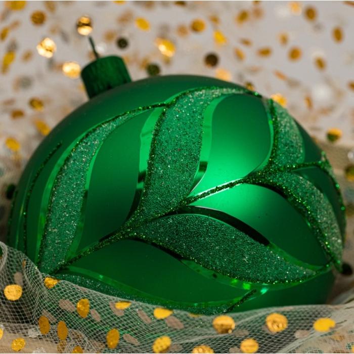 Skleněné vánoční ozdoby basic Green - Green s lístky, 4 ks