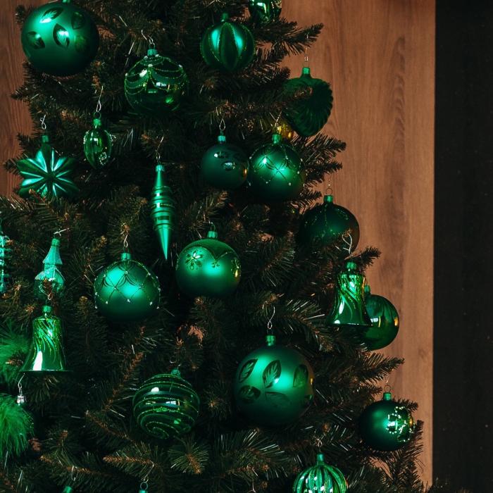 Skleněné vánoční ozdoby basic Green - Green s lístky, 4 ks