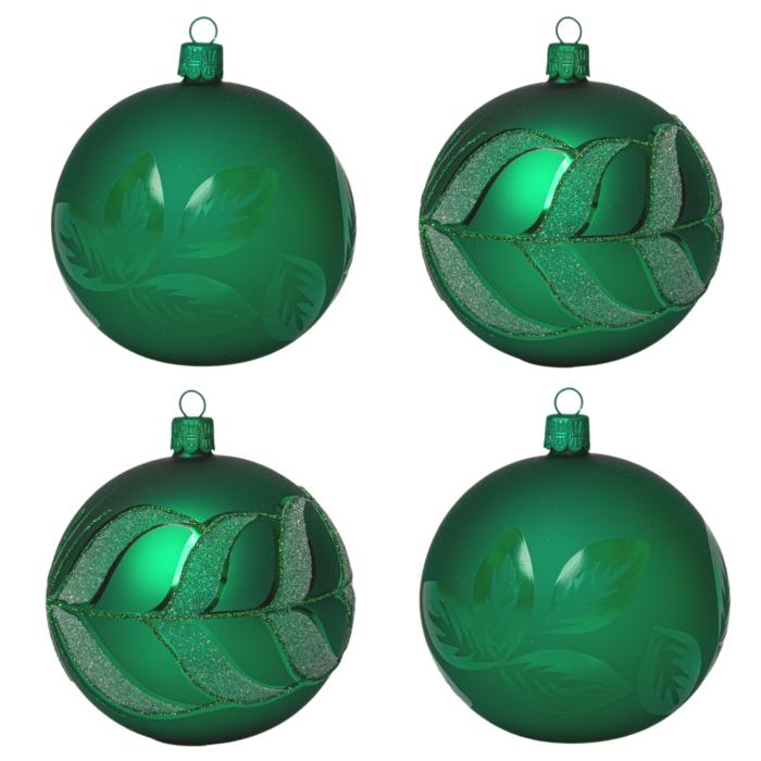 Skleněné vánoční ozdoby basic Green - Green s lístky, 4 ks