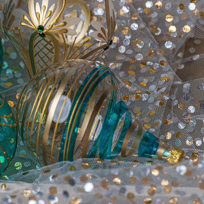 Vánoční ozdoba Secese - flakon s jemným zlatem a tyrkysovými pruhy, 1 ks