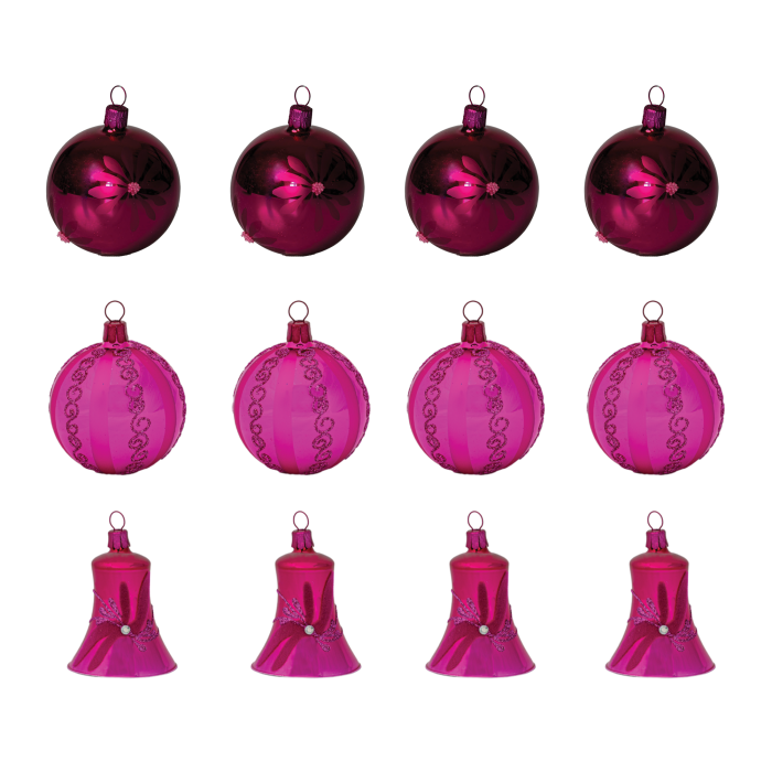Skleněné vánoční ozdoby basic Magenta - Magenta kouličky a zvonečky, 12ks