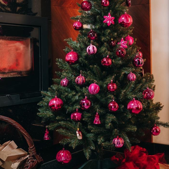 Skleněné vánoční ozdoby basic Magenta - Magenta čiré koule a květy, 6ks