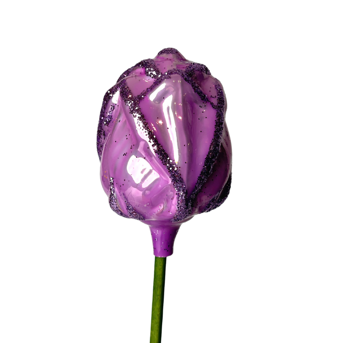 Skleněná foukaná ozdoba květ růže růžová fialková se třpytkami