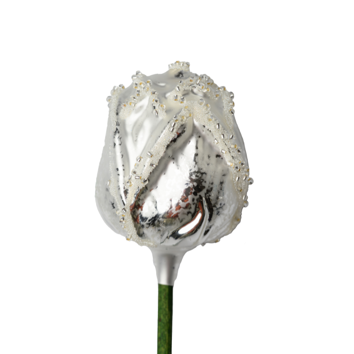 Skleněná foukaná ozdoba květ růže bílá