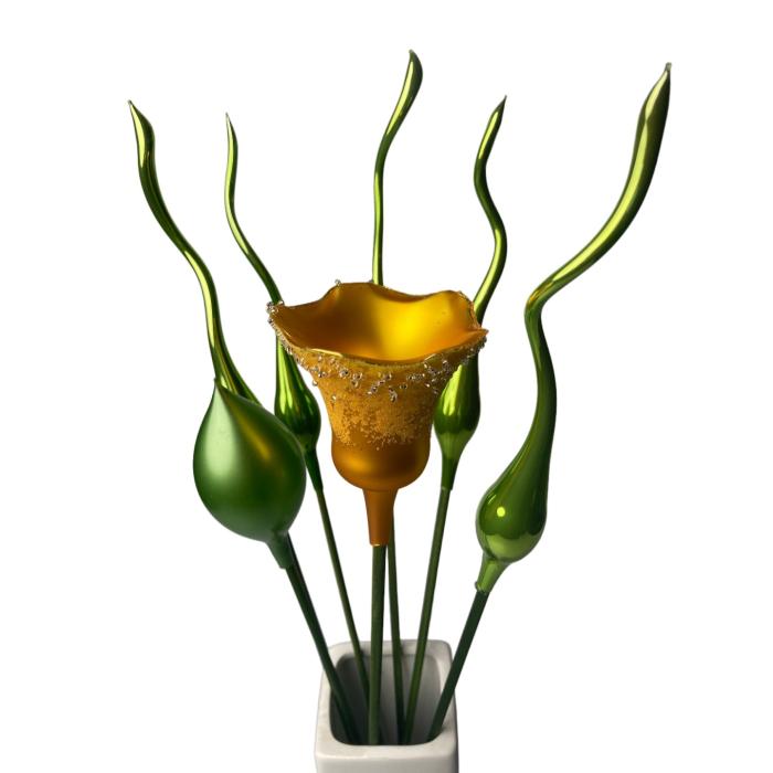 Skleněná foukaná ozdoba tulipán žlutý porcelánový