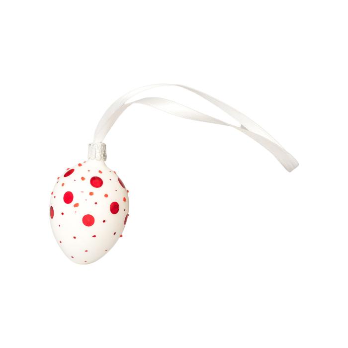 Skleněná ozdoba Velikonoční vajíčka bílá s puntíky červená