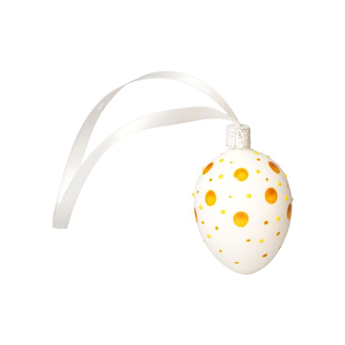 Skleněná ozdoba Velikonoční vajíčka bílá s puntíky žlutá