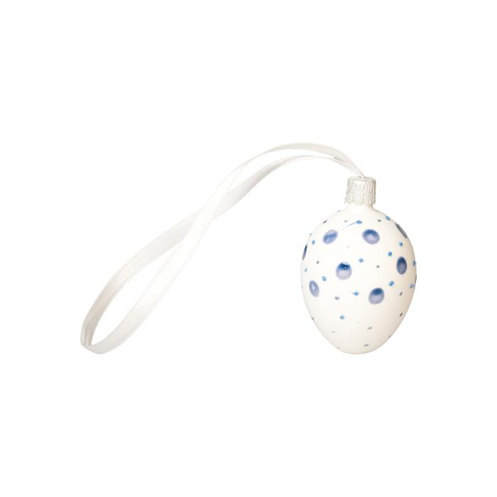 Skleněná ozdoba Velikonoční vajíčka bílá s puntíky modrá