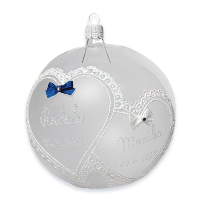 Svatební skleněná koule na přání - dvě srdce s mašlí (10cm)