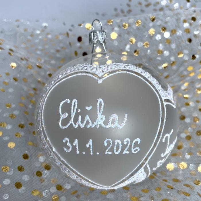 Svatební skleněná koule na přání - dvě srdce s mašlí (10 cm)