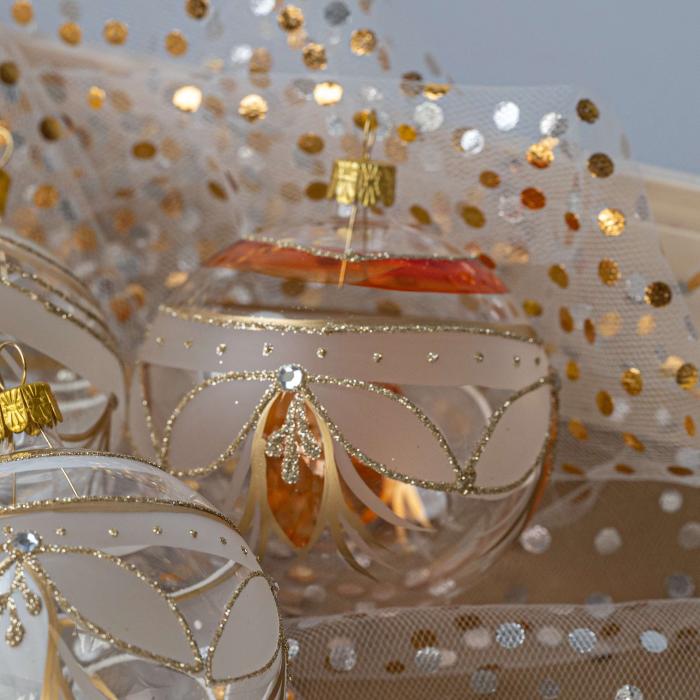 Vánoční ozdoba Secese - Baňka čirá s vitrážovými lístky oranžová 1ks
