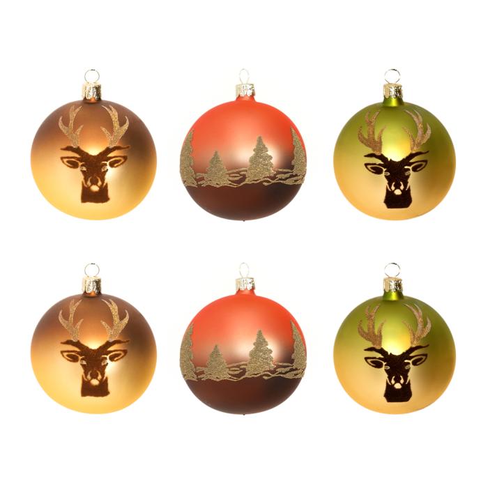 Skleněné vánoční ozdoby sada - Lakované baňky s motivy jelena a lesa, 6 ks