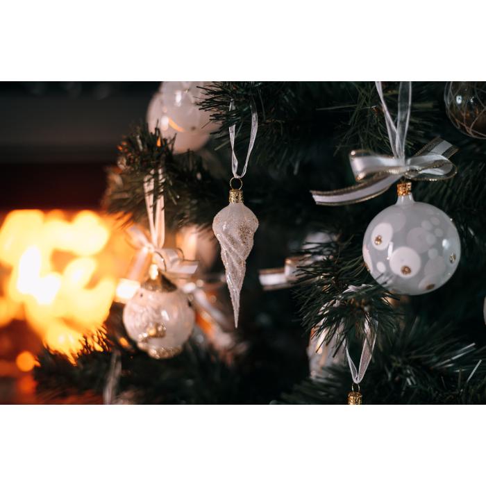 Skleněné vánoční ozdoby bílozlatá sada - Rampouch a kapka, 6 ks