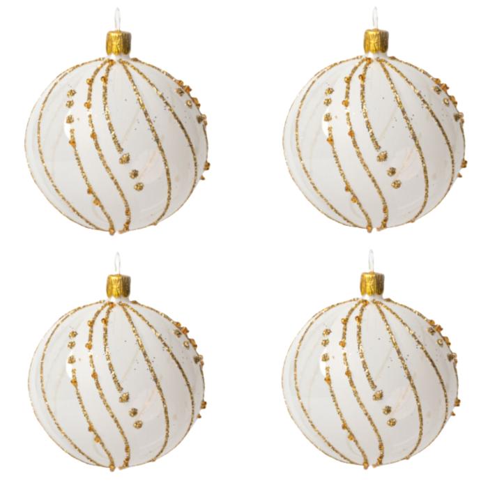 Skleněné vánoční ozdoby bílozlatá sada - Zlatá esa, 4 ks
