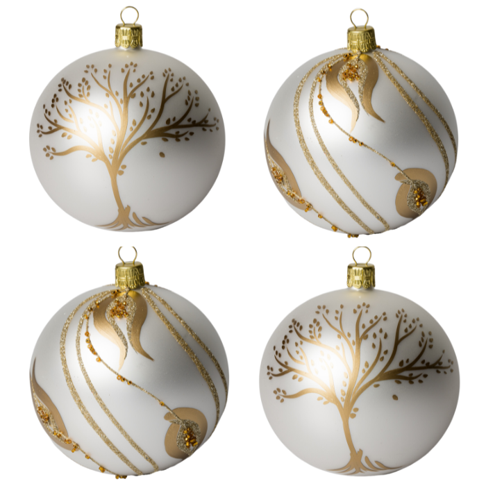 Skleněné vánoční ozdoby bílozlatá sada - Stromy a listy, 4 ks