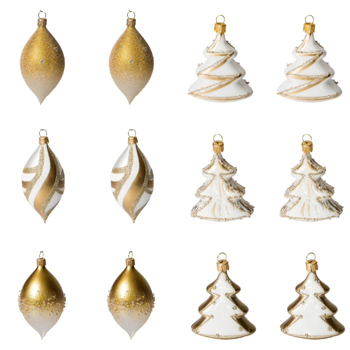 Skleněné vánoční ozdoby bílozlatá sada - Olivy a stromečky, 12 ks