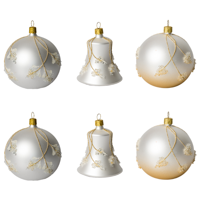 Skleněné vánoční ozdoby bílozlatá sada - Zvonky s koulemi, 6 ks