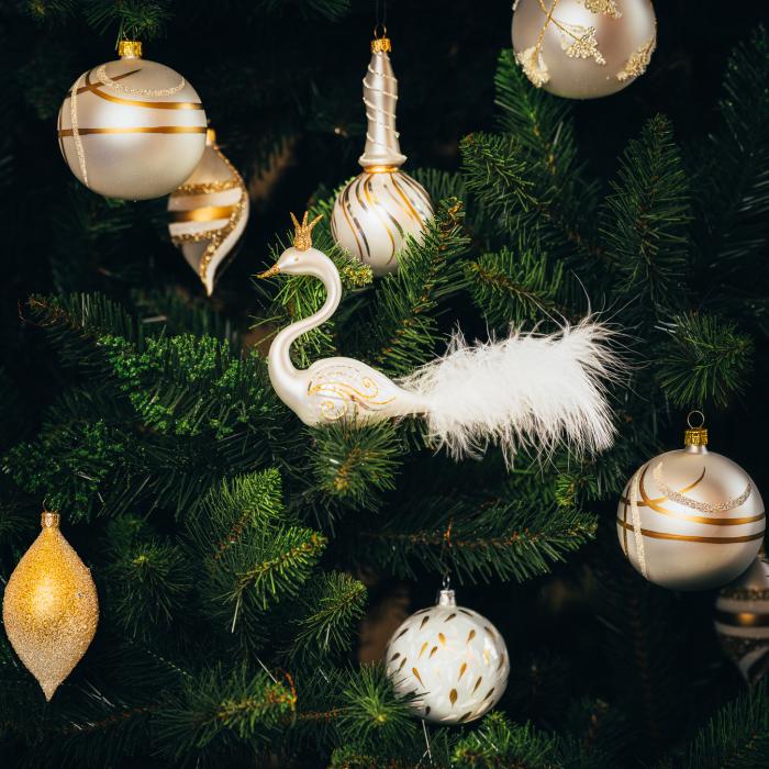 Skleněné vánoční ozdoby bílozlatá sada - Labutí pár s korunkou a peříčkem