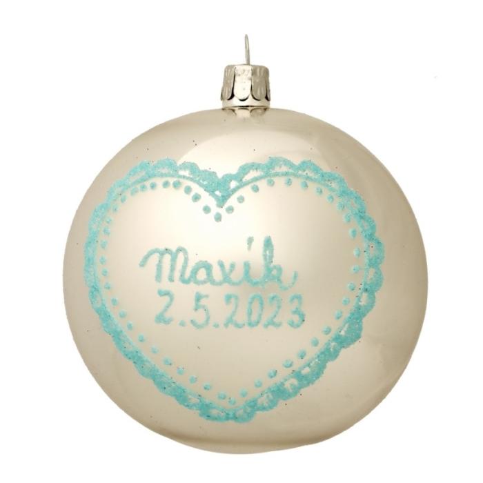Vánoční ozdoba skleněná se jménem / textem - miminkovská se srdcem, 10 cm - stříbrno-bílá s modrou