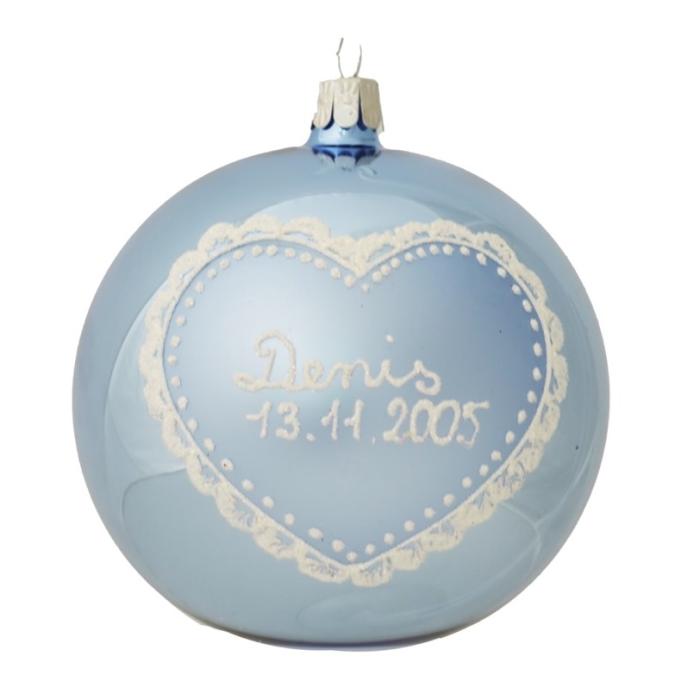 Vánoční ozdoba skleněná se jménem / textem - miminkovská se srdcem, 10 cm - modrá