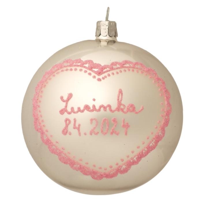 Vánoční ozdoba skleněná se jménem / textem - miminkovská se srdcem, 10 cm - stříbrno-bílá s růžovou