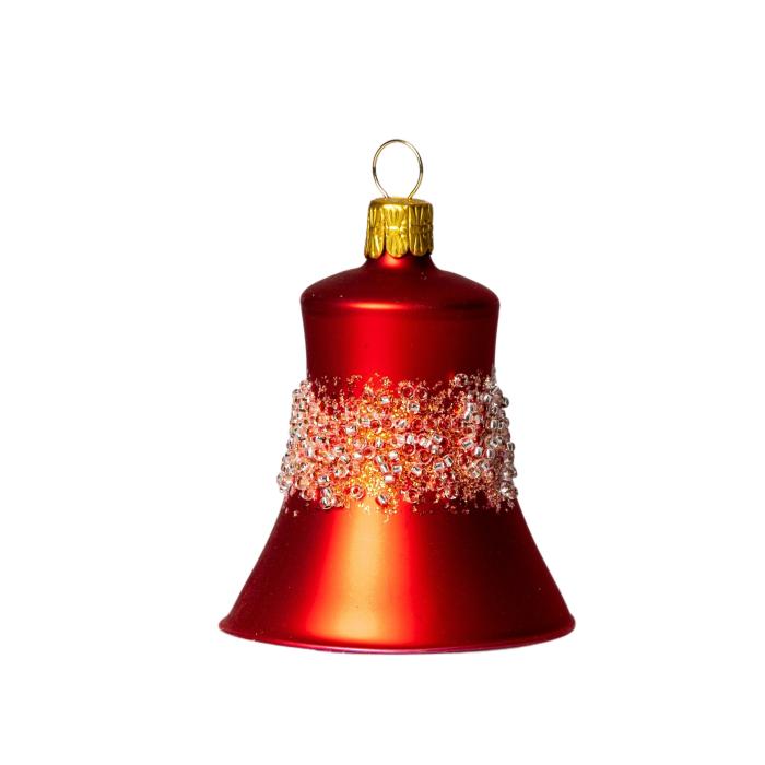 Skleněné vánoční ozdoby - Zvonky červené s rokajly, 4 ks