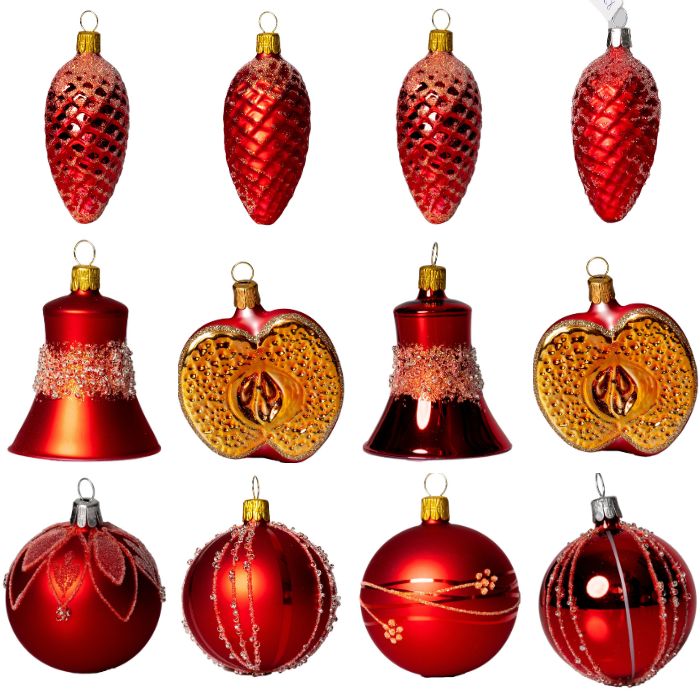 Skleněné vánoční ozdoby - Velká červenozlatá sada - šišky, kouličky, jablíčka a zvonky, 12 ks