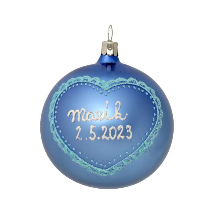 Vánoční ozdoba skleněná se jménem / textem - miminkovská se srdcem, 8 cm - modrá, 1 ks
