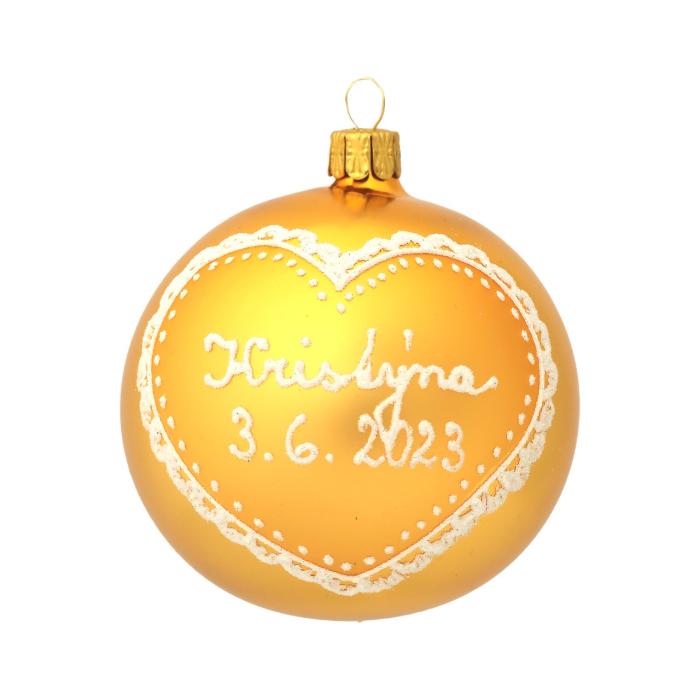 Vánoční ozdoba skleněná se jménem / textem - miminkovská se srdcem, 8 cm - žlutá, 1 ks