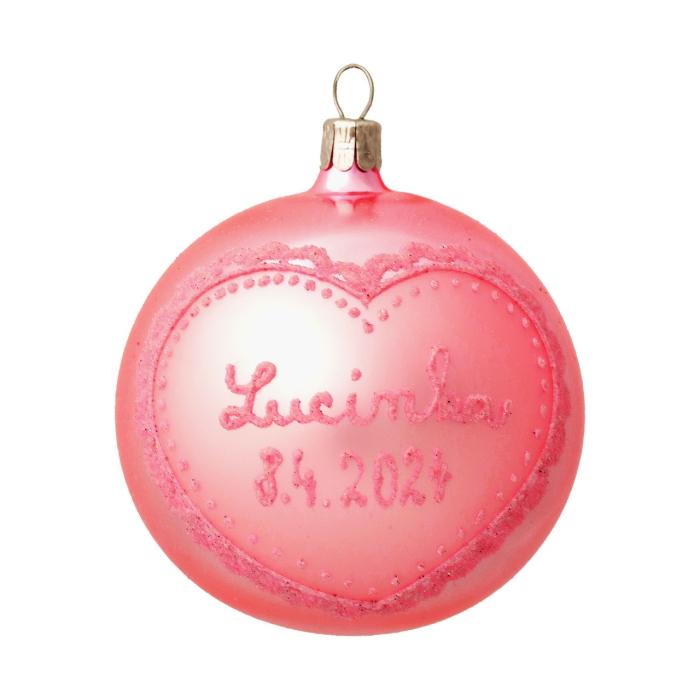 Vánoční ozdoba skleněná se jménem / textem - miminkovská se srdcem, 8 cm - růžová, 1 ks